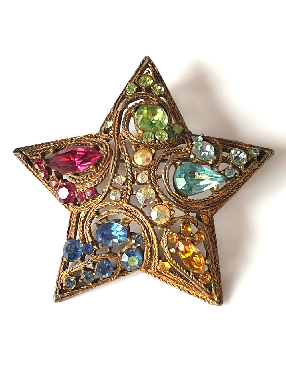 La Roco Star Brooch Pin Rainbow Jewel Gold Tone Rhinestones 1950s 2.5" VINTAGE